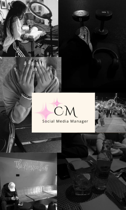 A collage of six black-and-white and color photos: a woman getting a manicure, a set of Bluetooth earbuds and a smart watch, a woman with painted nails covering her face with her hands, an outdoor fair or carnival, a person at a restaurant table, and a person sitting at a bar with a phone. In the center, there is a logo for Social Media Manager (CM).