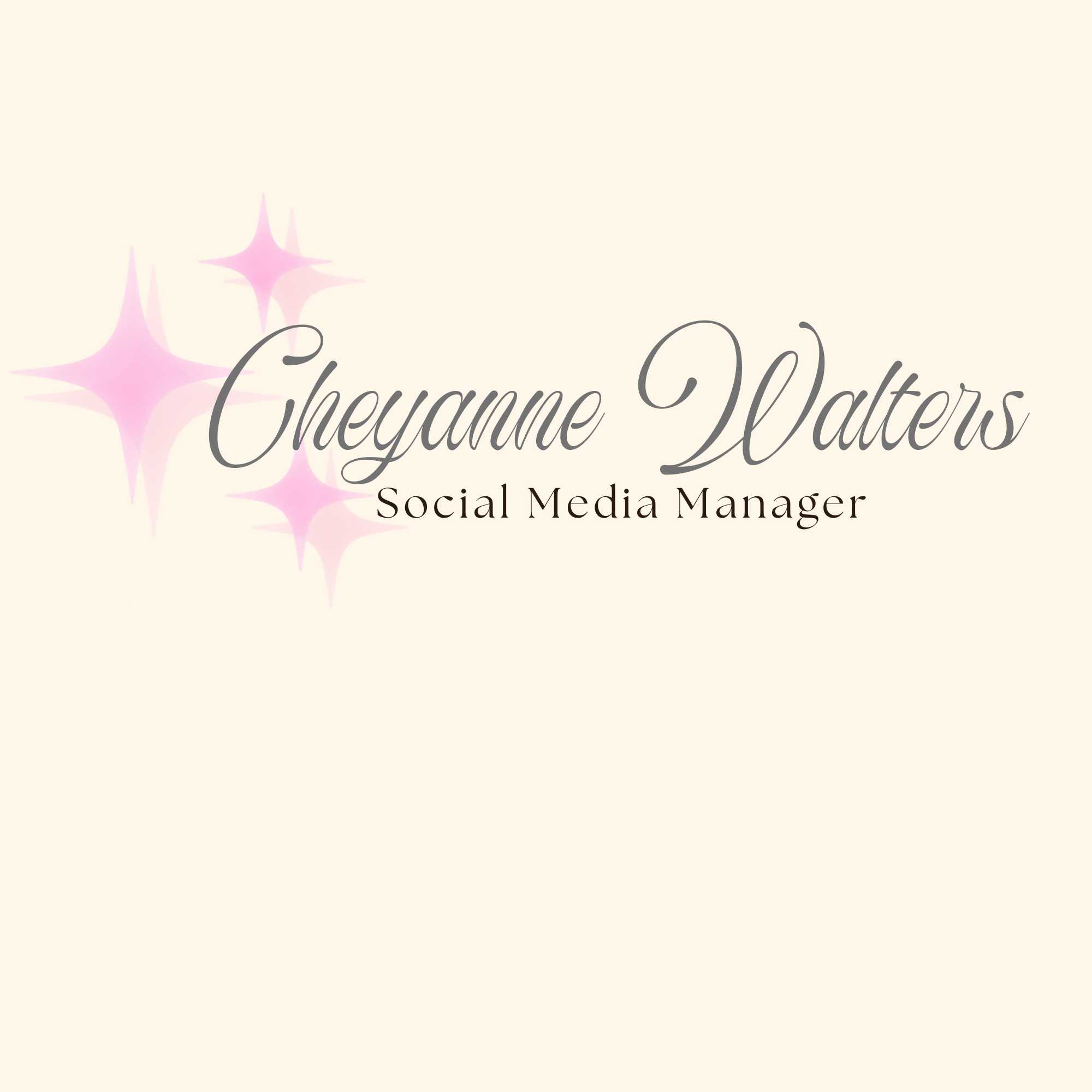Business card with the name Cheyenne Walters, Social Media Manager, featuring pink starburst designs on a beige background.