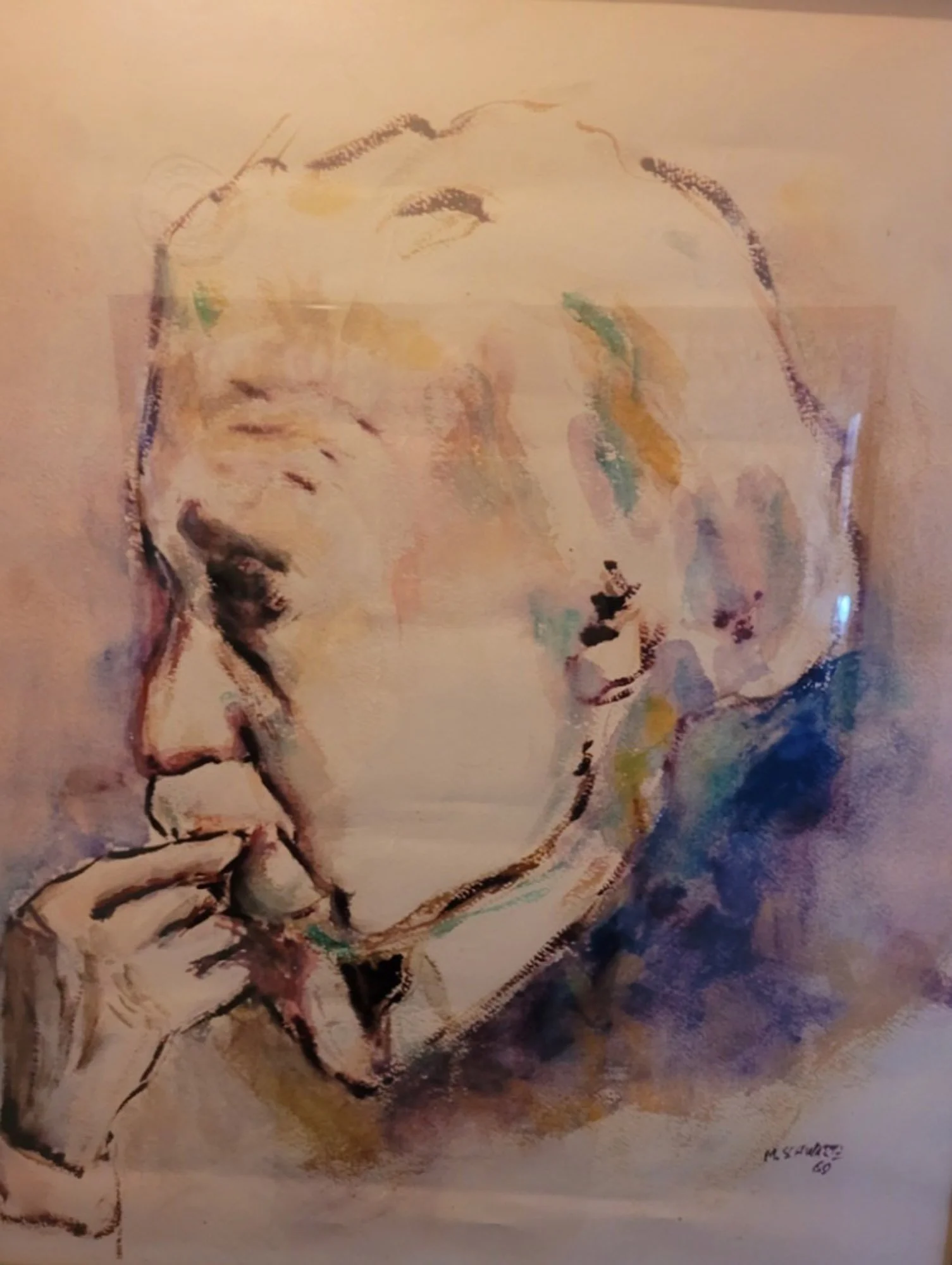 An abstract watercolor painting of a woman with glasses, with the words 'Mississippi 68' signed in the bottom right corner.