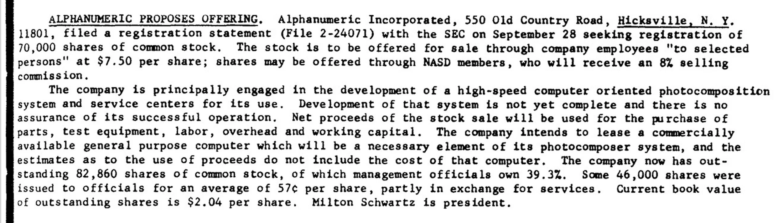 Typed text about Alphanumeric Proposes Offering and company details.