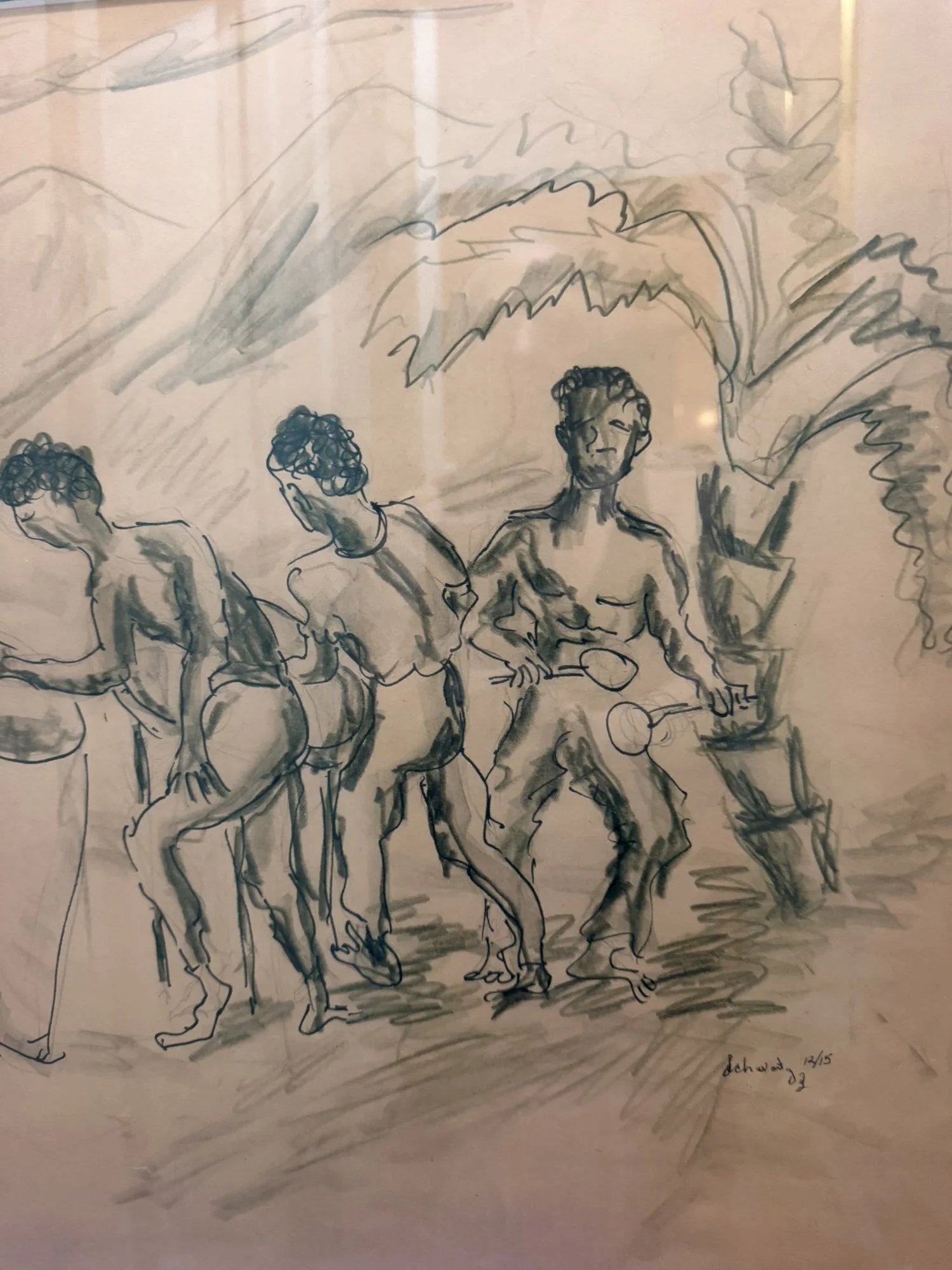 A black and white sketch of four men, some with curly hair, in dynamic poses with an abstract background. One figure appears to be shirtless, and all but one are standing or moving, with expressive lines and shading.