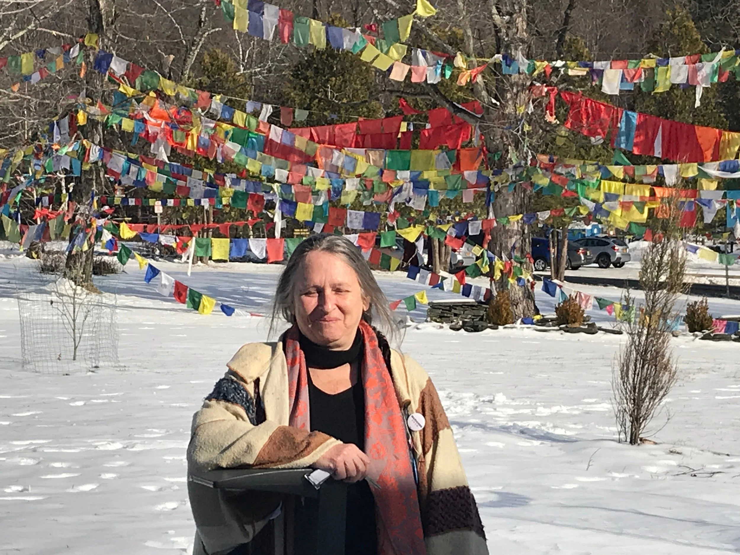A woman standing outside in snow with colorful prayer flags strung between trees behind her in a park or outdoor area.