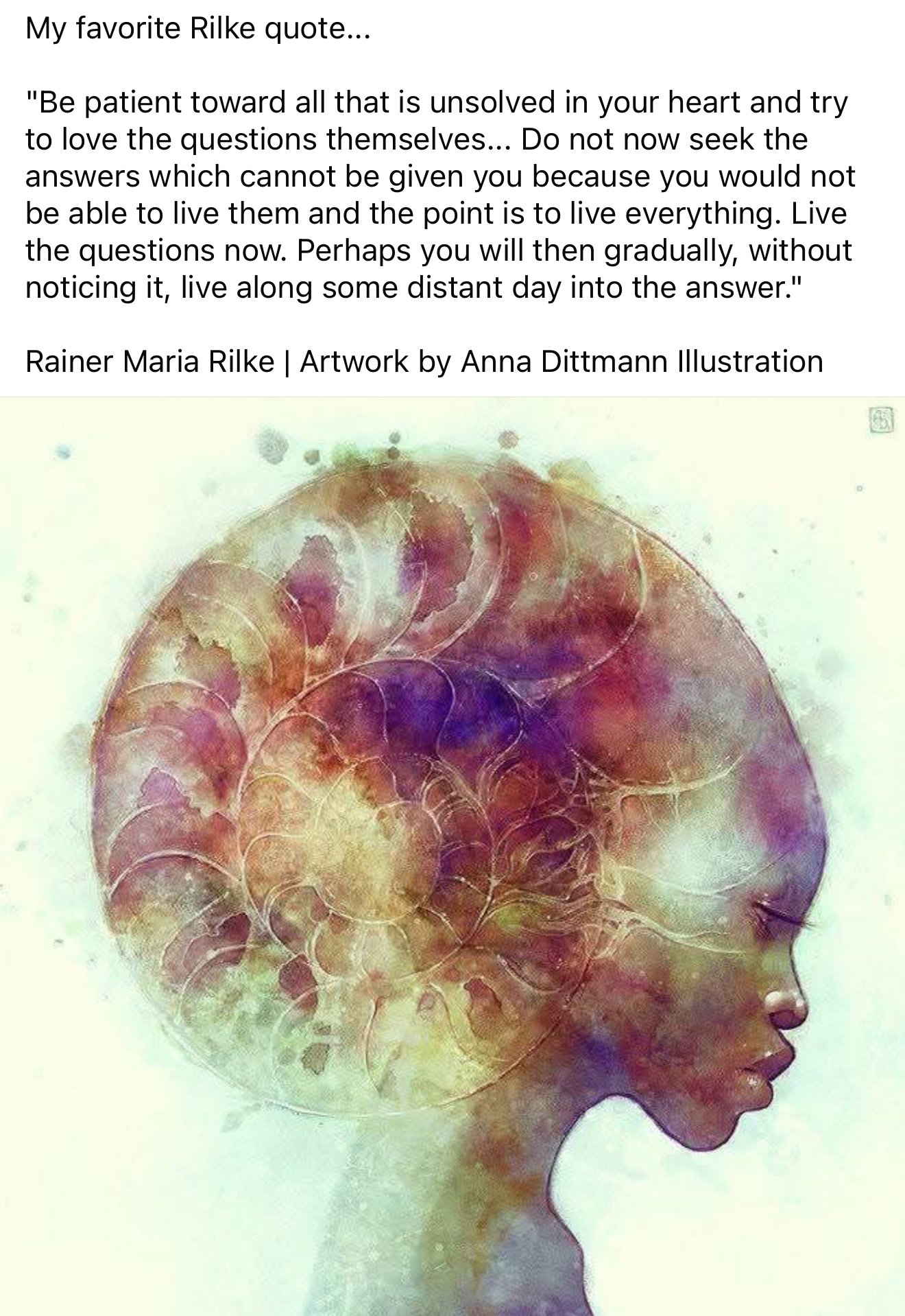 Digital watercolor illustration of a human head in profile, showing an abstract, colorful representation of a brain inside the head.