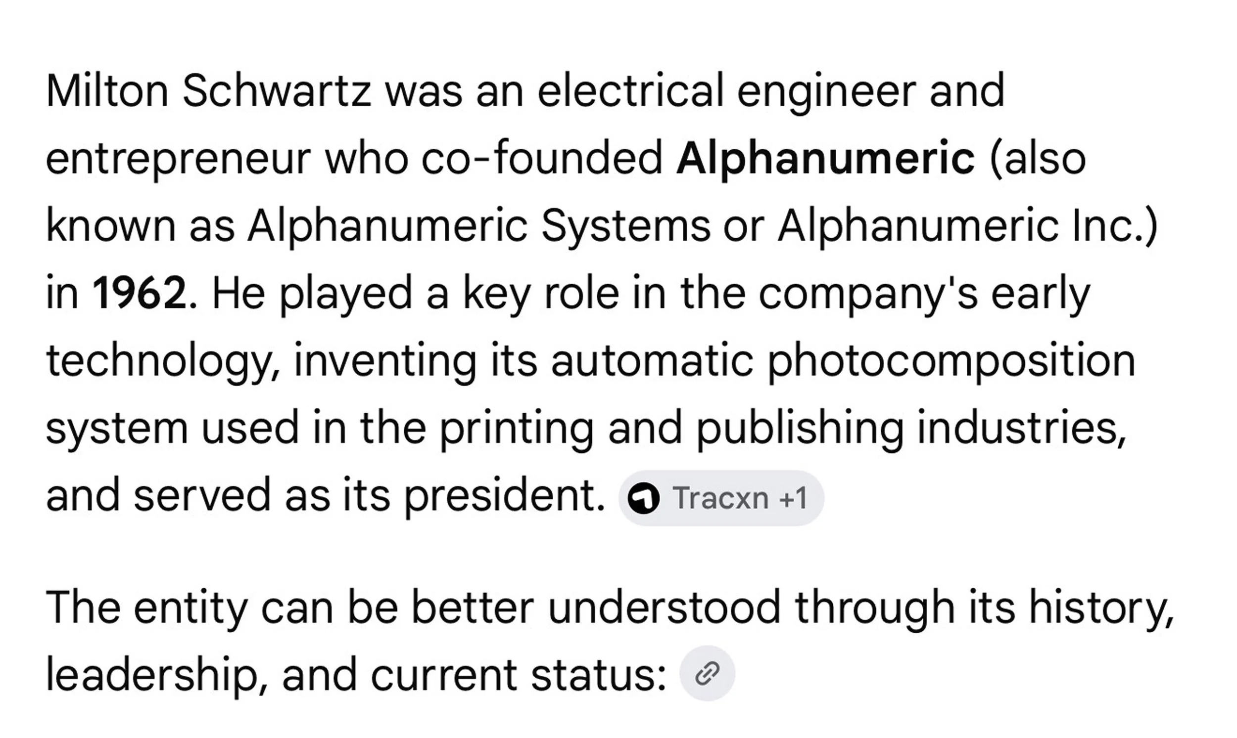 Text excerpt about Milton Schwartz, an electrical engineer and co-founder of Alphanumeric, and his contributions in 1962.