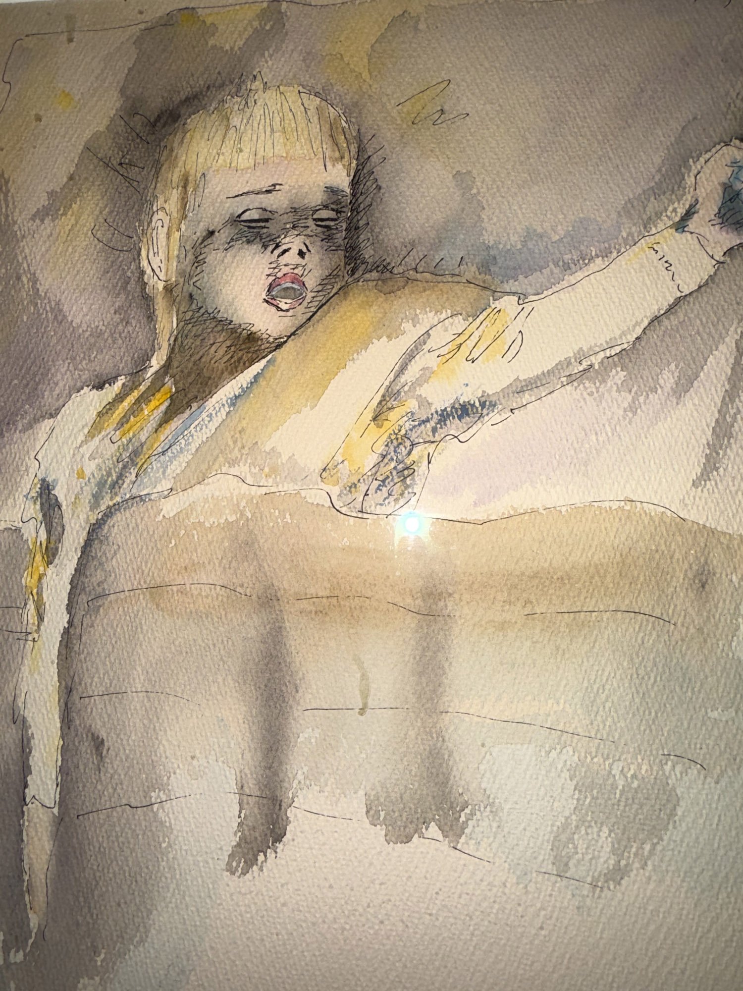 A watercolor painting of a woman with her mouth open, eyes closed, and her arm raised. The background consists of warm and muted earthy tones.
