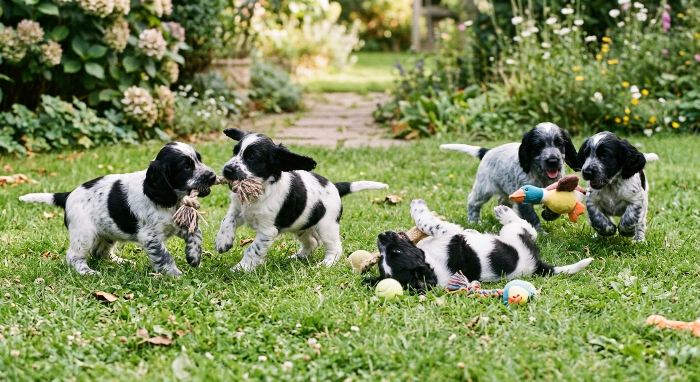 Five adorable black and white and blue roan spaniel puppies playing and chewing toys in a lush green garden.
