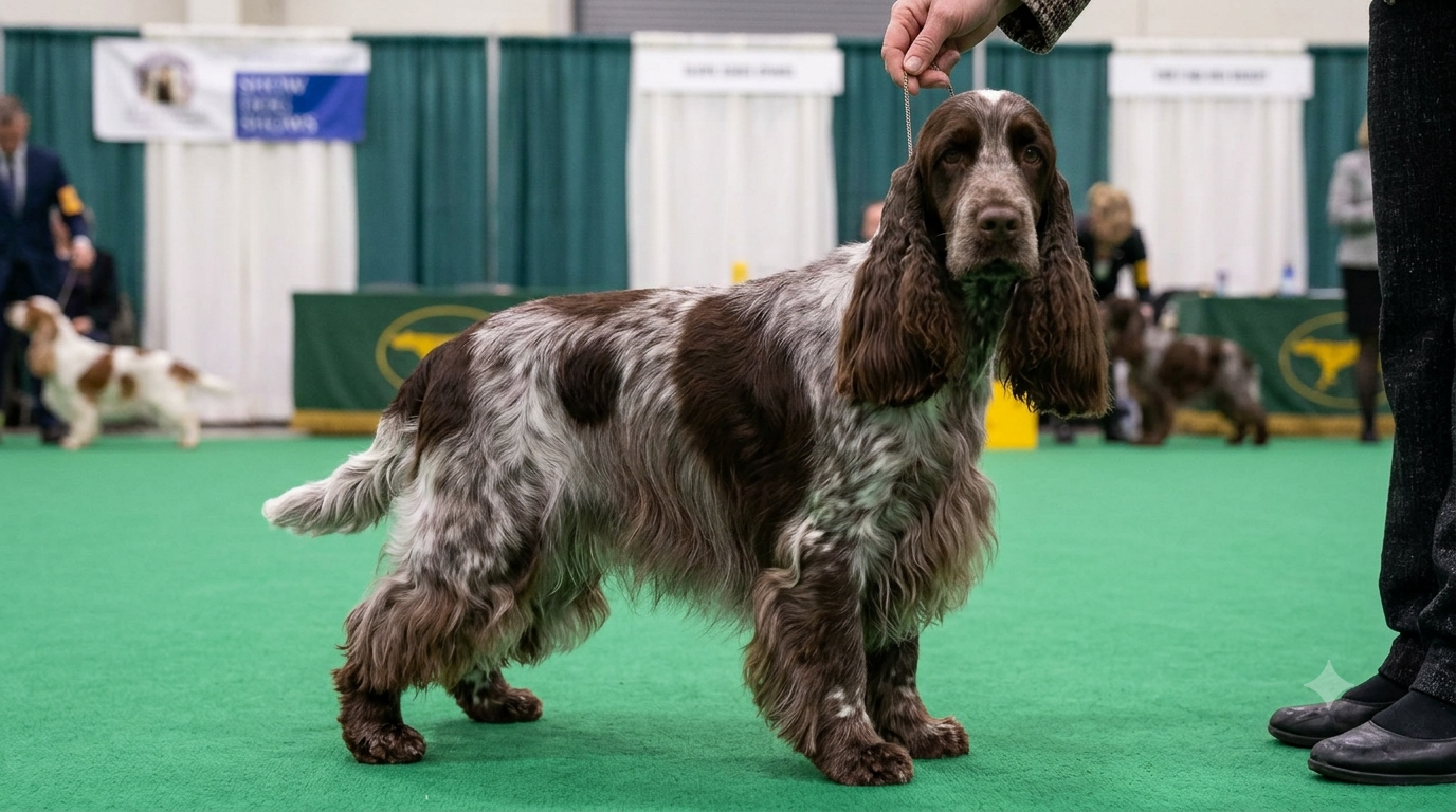 A liver roan English Cocker Spaniel dog standing on green flooring at a dog show, held on a carpeted area with banners in the background.