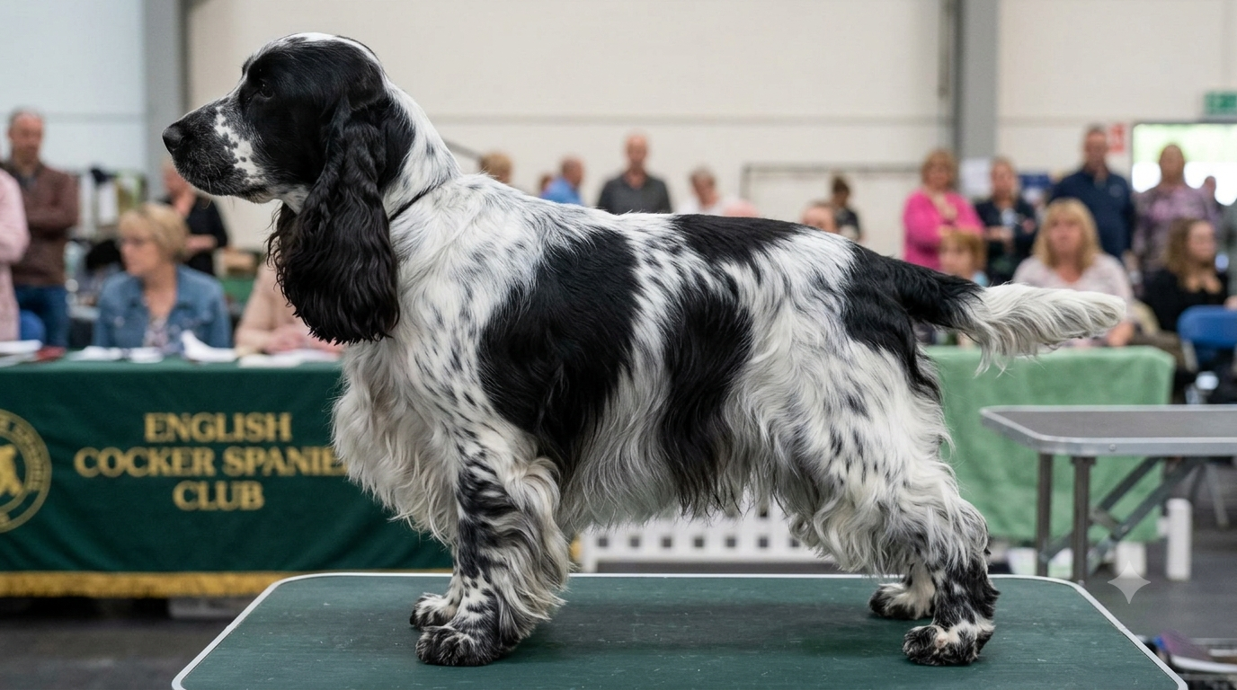 English Cocker Spaniel dog at a dog show, standing on a grooming table, with people and a sign for the English Cocker Spaniel Club in the background.