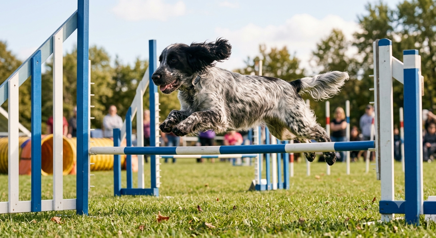 A blue roan English Cocker dog jumping over agility hurdles during a dog agility competition outdoors on a sunny day with spectators in the background.