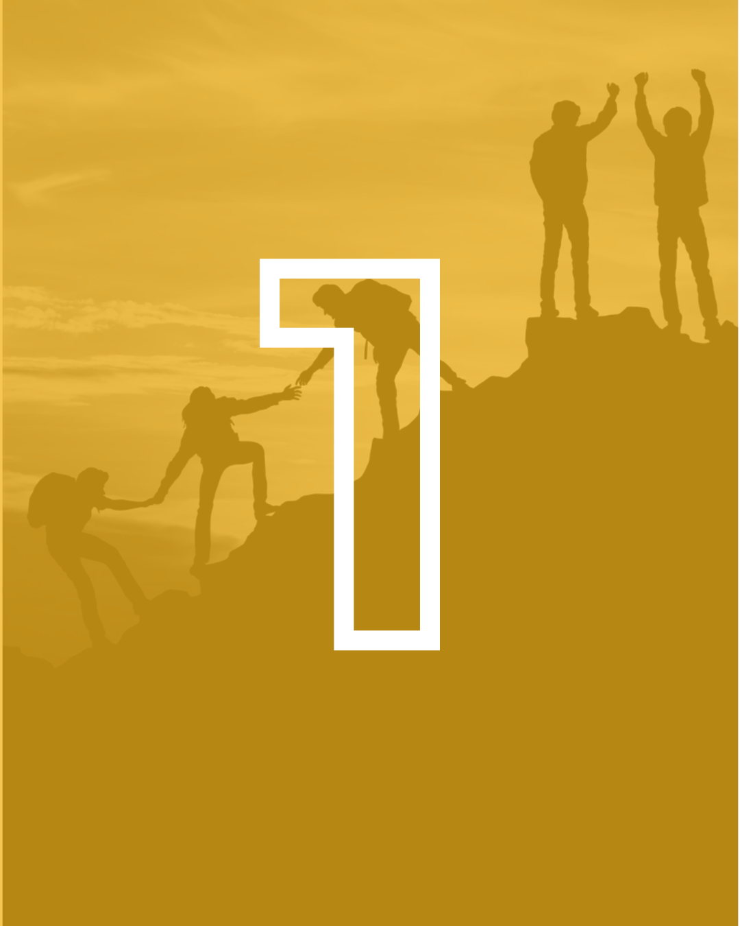 Silhouettes of people helping each other climb a mountain, with a large number 1 in the center.