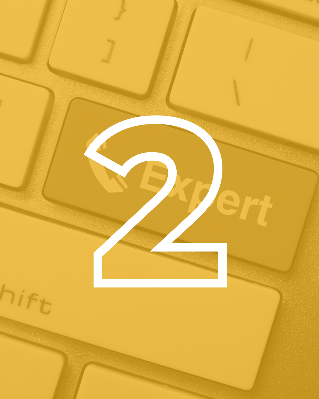 Yellow computer keyboard with a large white number 2 overlay, and a yellow button labeled "Expert".