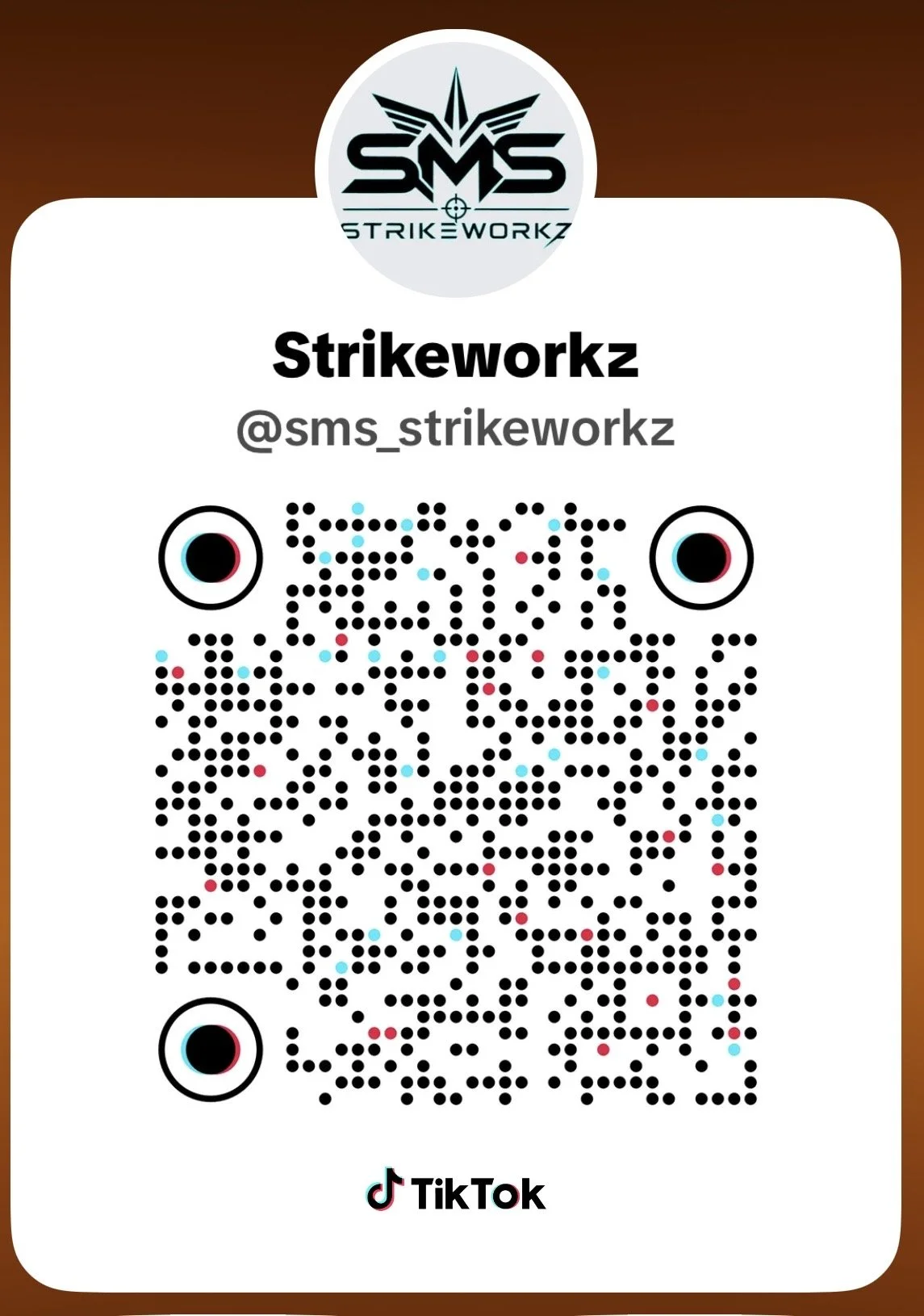 TikTok QR code for Strikeworkz with the username @sms_strikeworkz and a logo at the top.