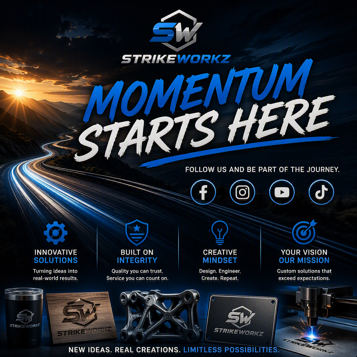 Nighttime mountain scene with a winding illuminated road. Promotional image for StrikeWorkz featuring the slogan 'Momentum Starts Here'. Includes social media icons, gear, shield, light bulb, and target icons with descriptions of solutions, integrity, mindset, and vision. Display of StrikeWorkz products like a mug, wooden logo, metal part, and engraved device with the caption 'New ideas. Real creations. Limitless possibilities.'