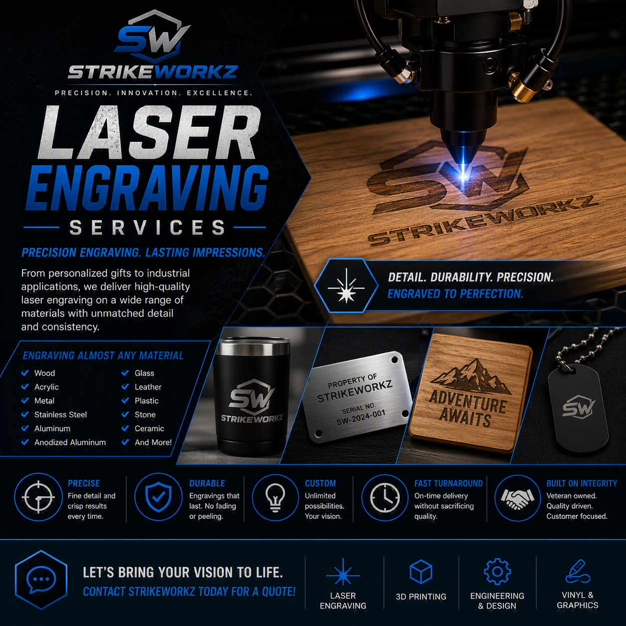 Advertisement for StrikeWorkz laser engraving services displaying laser engraving on wood and metal items, including a logo on wood, a metal tag, a cup, and a keychain, with text highlighting the company's offerings and qualities.