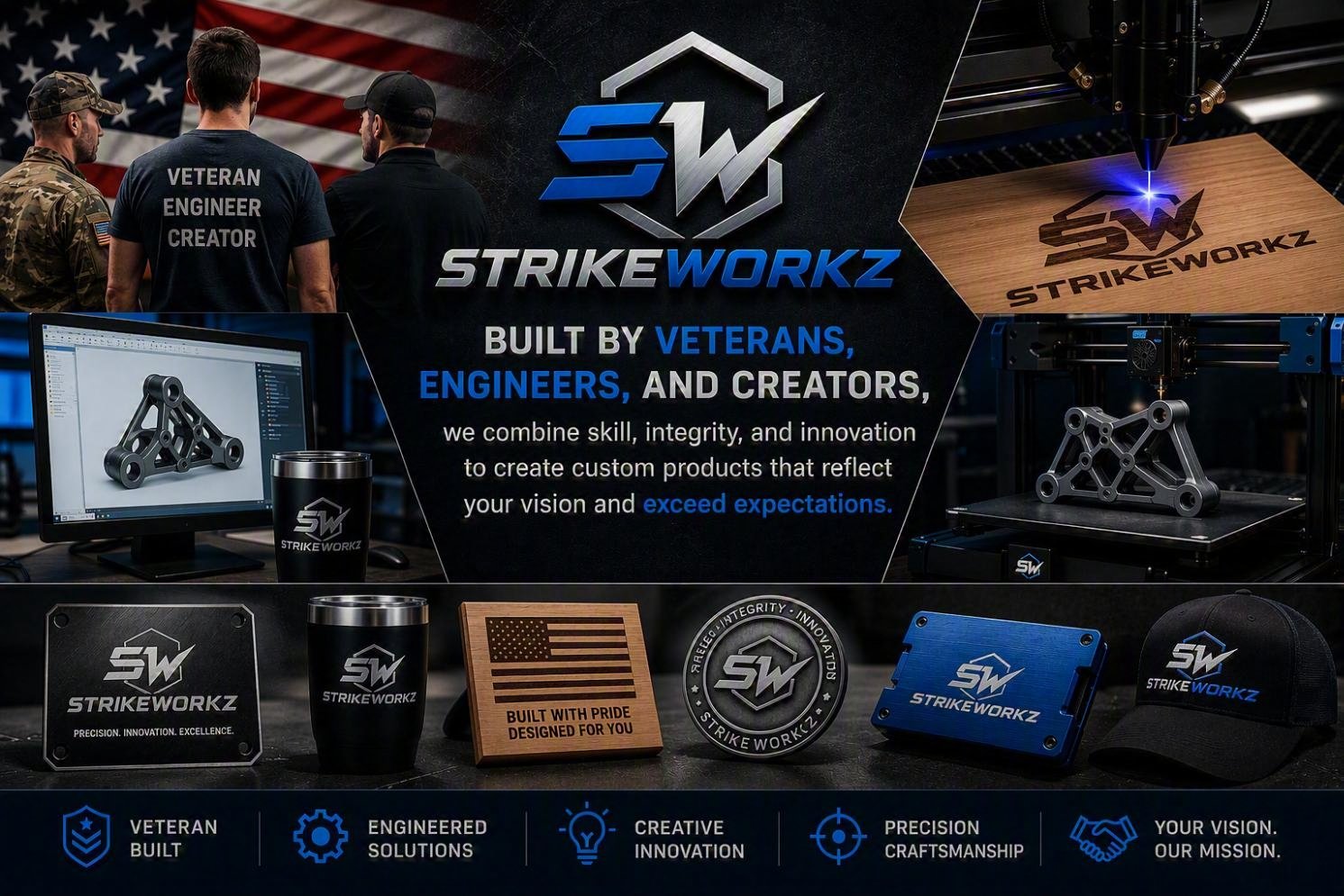 Promotional graphic for StrikeWorkz, a company built by veterans, engineers, and creators. The image features three men, one in military uniform with an American flag in the background, and two in casual attire with specifications on their shirts. The graphic showcases 3D printed parts, design software on a computer monitor, laser engraving of the StrikeWorkz logo on wood, and various branded merchandise like mugs, a plaque, a blue tool case, and a cap. Text highlights the company's values of veteran-built, engineered solutions, creative innovation, precision craftsmanship, and inspiring vision.