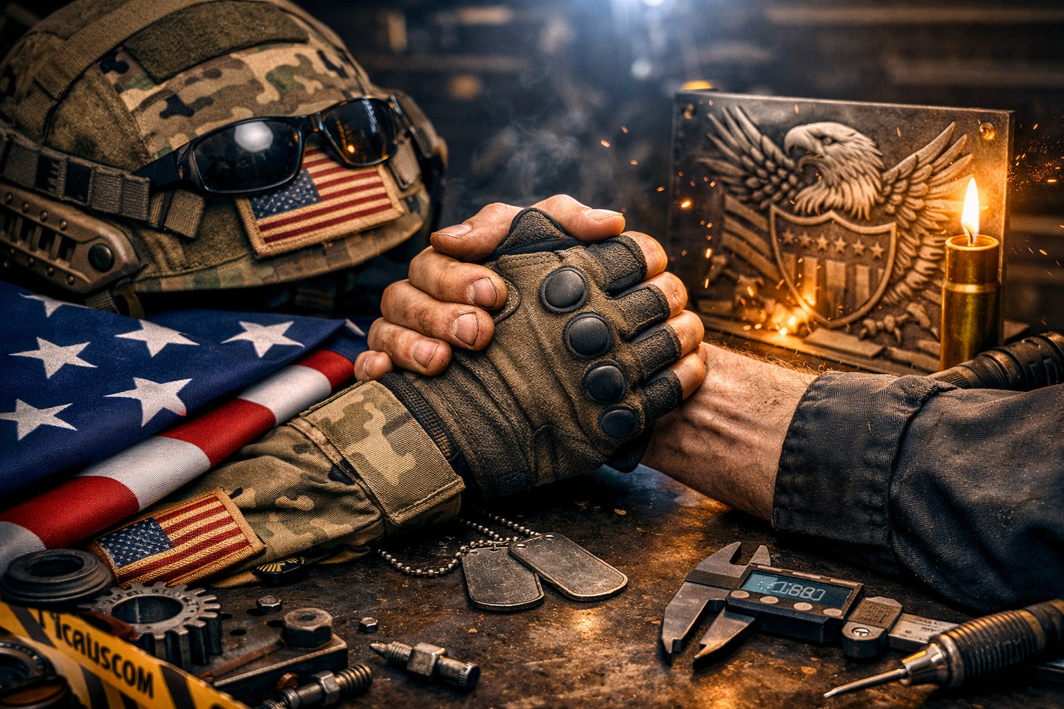 A soldier with camouflage gear and American flag patches shakes hands with another person in a military workshop with tools, dog tags, and an eagle emblem on a metal piece.