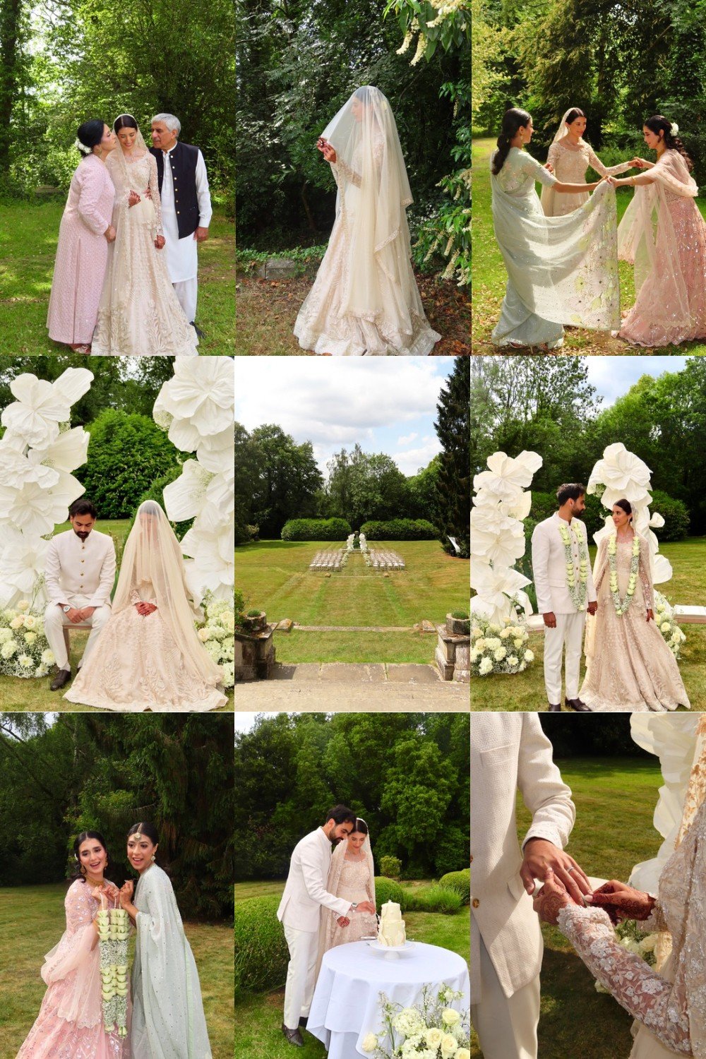 Wedding celebration with couple, bridesmaids in traditional attire, bride in white wedding dress, and groomsmen in white suits, set outdoors with greenery, flowers, and a wedding cake.