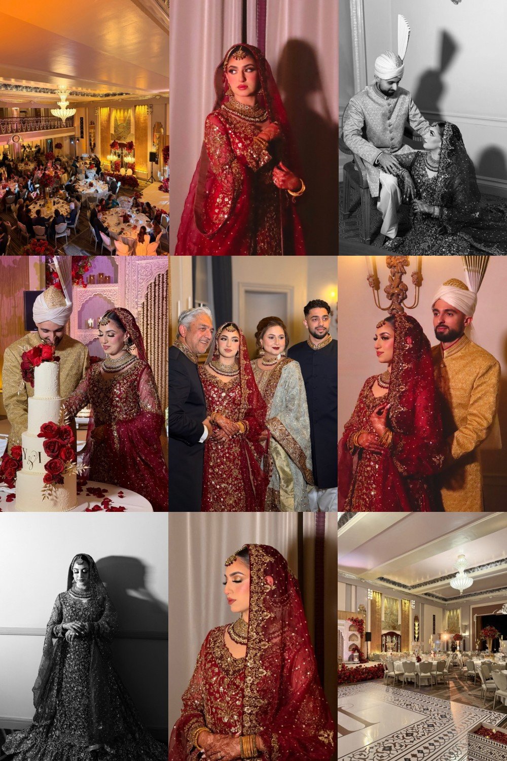 Collage of wedding photos featuring a bride in a red traditional wedding dress with gold embroidery, groom in traditional attire, wedding ceremony, cake cutting, group photos, and wedding venue decorated with flowers and elegant lighting.