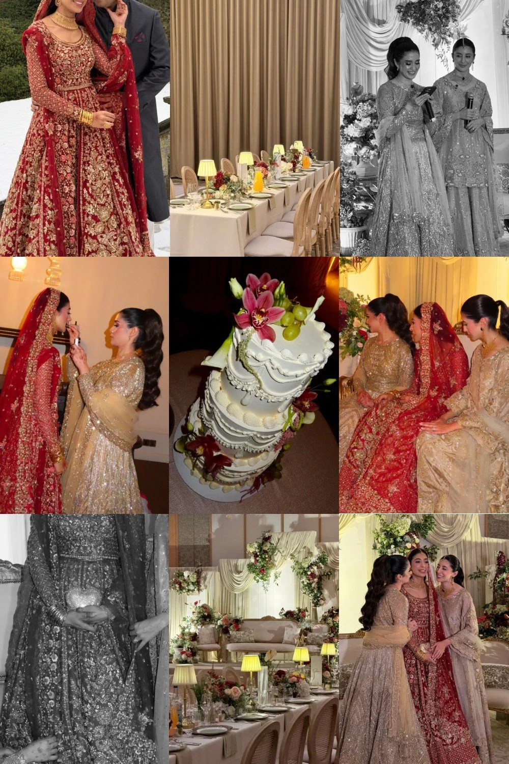 A collage of images from a traditional wedding celebration, featuring women in ornate dresses, a decorated wedding cake, and a beautifully decorated wedding reception venue.