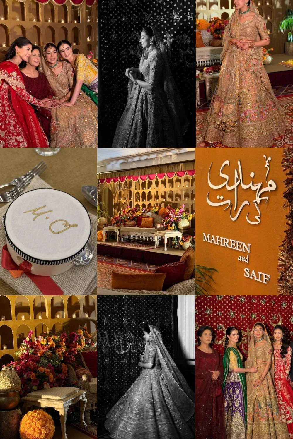 Collage of photos from a traditional South Asian wedding, including women in ornate dresses, a decorated stage and seating area, a wedding cake with initials, and a sign with wedding names