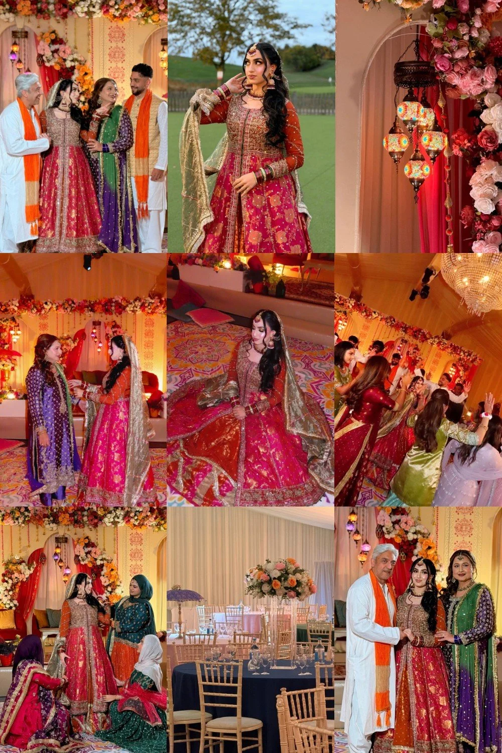Collage of images from a Muslim wedding, featuring women in traditional dresses, a bride in a red and gold bridal outfit, wedding decorations with flowers and lights, and guests dancing, mingling, and celebrating.