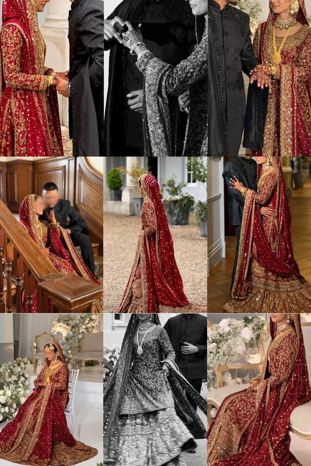 A bride dressed in a traditional red and gold wedding gown with intricate embroidery, featuring multiple photos of her with her groom. The bride wears elaborate jewelry, including a necklace, earrings, and a head covering. The couple is captured in various scenes, including holding hands, sitting on a staircase, walking outside, and posing indoors with floral and ornate furniture.