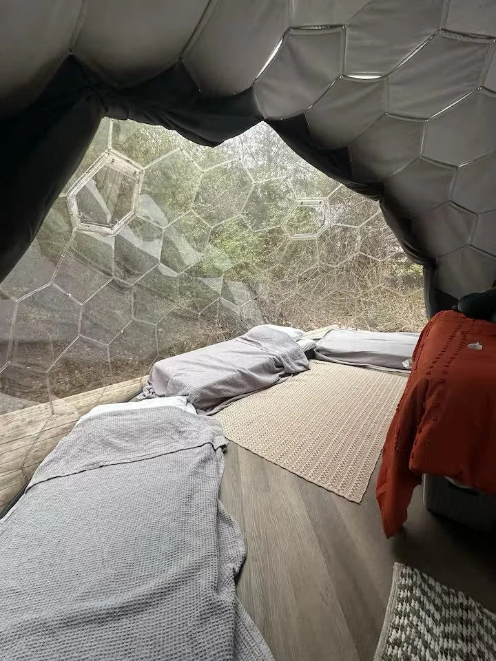 View from inside a small tent with hexagonal window panels, showing cushions or mats on the ground and a blanket on a chair, with greenery outside.