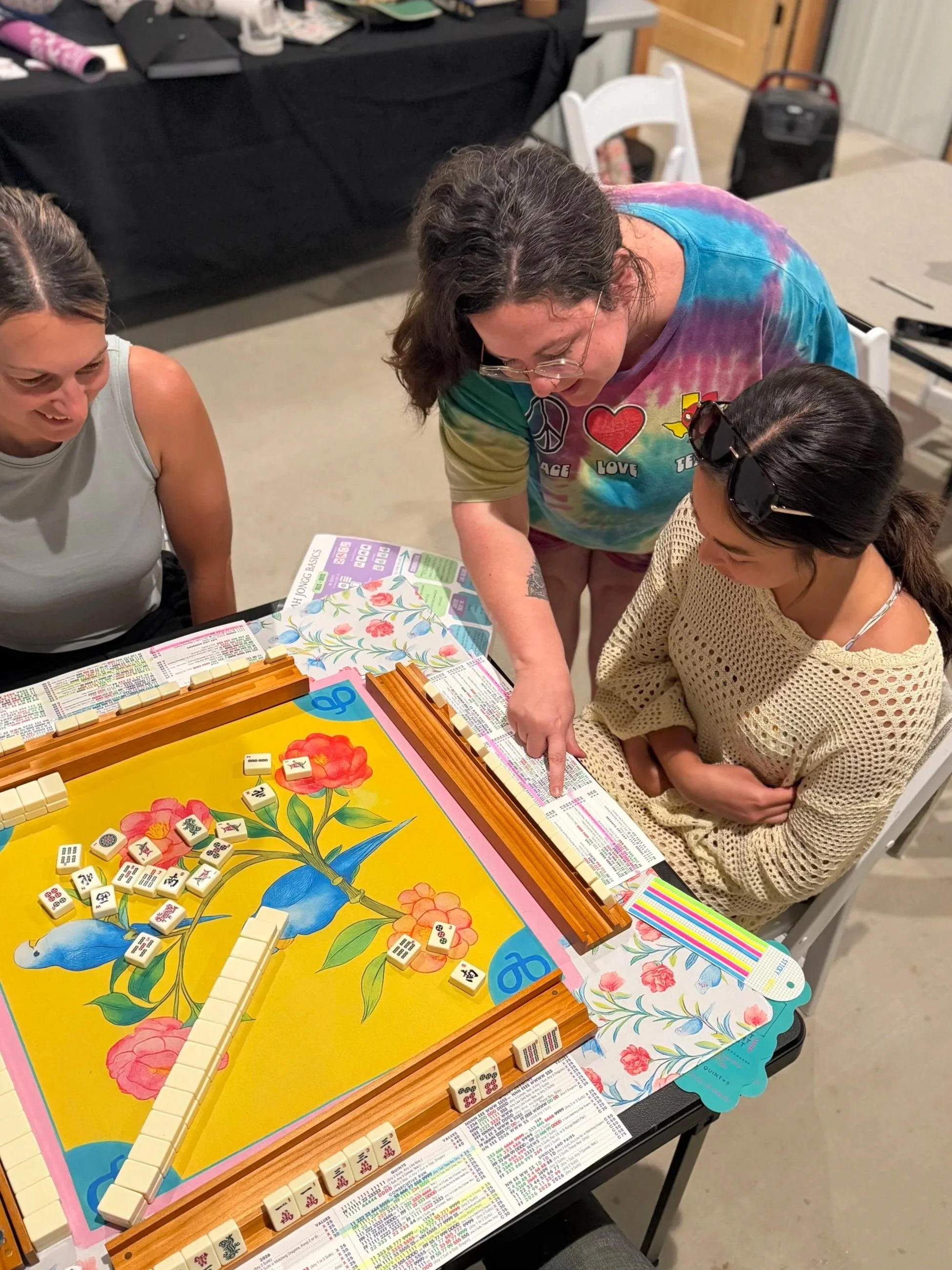Three women playing a game of Mahjong at a table covered with a yellow floral Mahjong table cloth, with Mahjong tiles and score sheets.