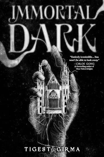Book cover for 'Immortal Dark' by Tigert Girma, featuring a skeletal hand holding a gravestone with intricate designs.