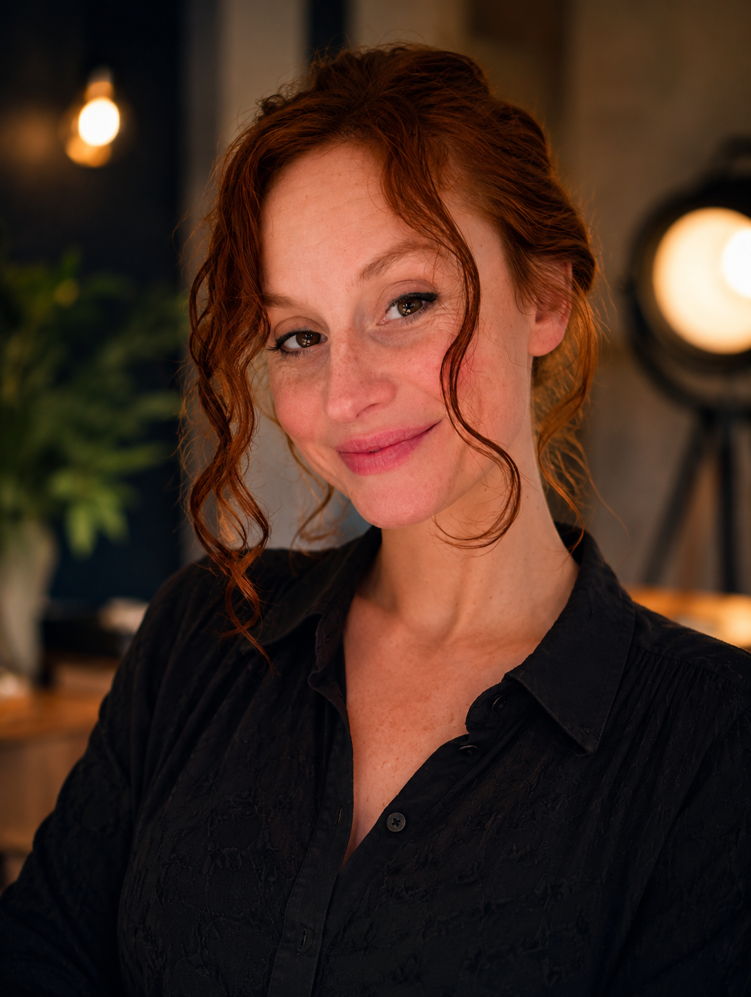 Kim Kozel smiling in a warmly lit indoor setting.