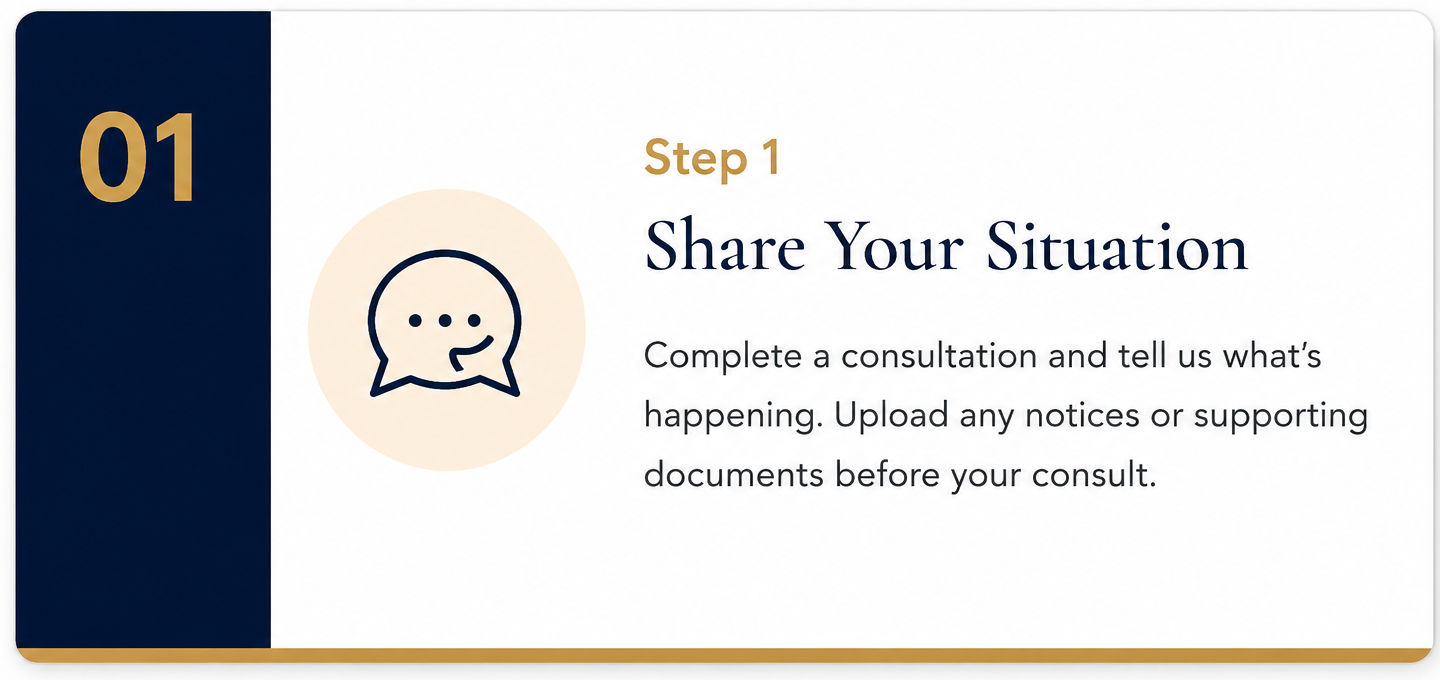 Instruction slide with a navy blue sidebar displaying the number 01 in gold, a speech bubble icon, and text that reads: 'Step 1 Share Your Situation. Complete a consultation and tell us what's happening. Upload any notices or supporting documents before your consult.'