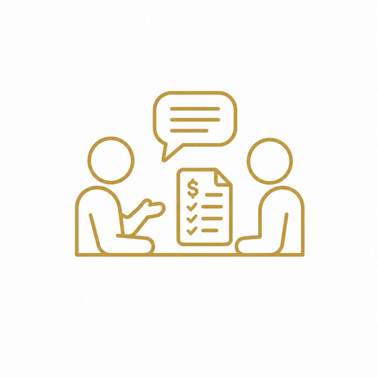 Two people having a discussion at a table with a document that has a checklist and dollar sign, represented by simple line art in gold.