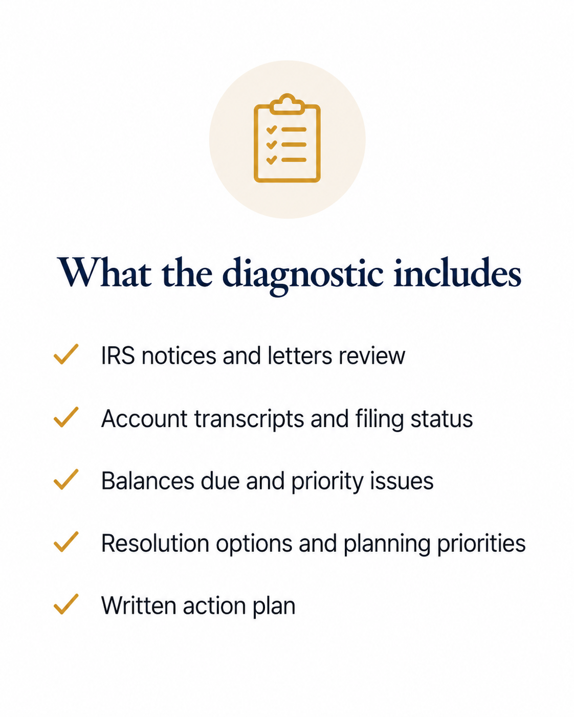 A digital infographic titled "What the diagnostic includes" listing items: IRS notices and letters review, Account transcripts and filing status, Balances due and priority issues, Resolution options and planning priorities, Written action plan, with a clipboard icon above.