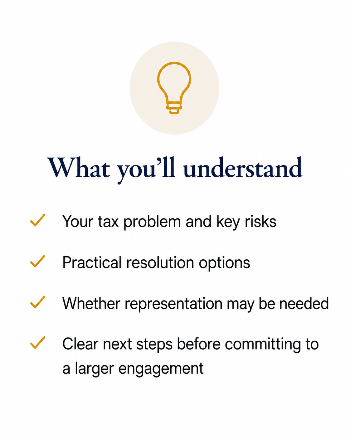 A presentation slide with a lightbulb icon at the top, titled 'What you'll understand,' listing four points about tax problem resolution including key risks, practical options, representation needs, and next steps.