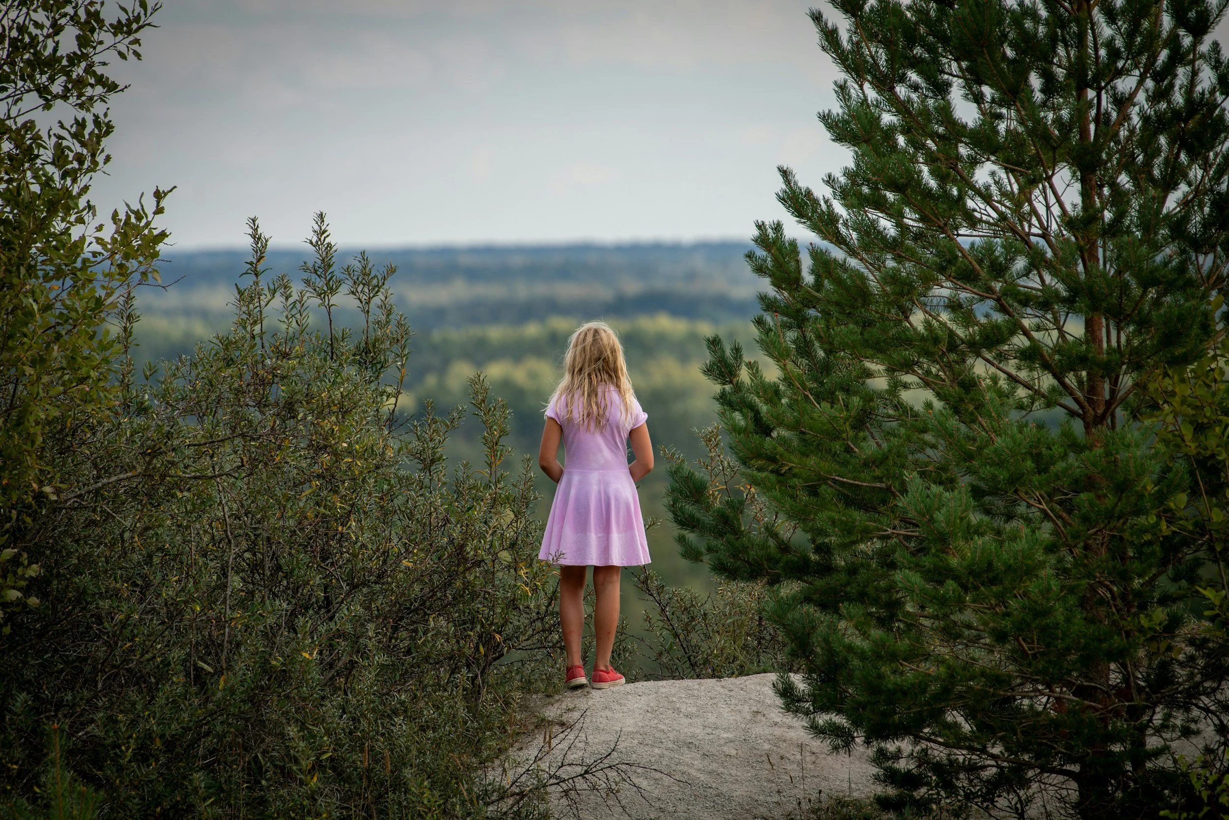 A young girl with long blonde hair wearing a pink dress and red shoes standing outdoors on a dirt path among trees and bushes, looking out over a green landscape with hills in the distance.