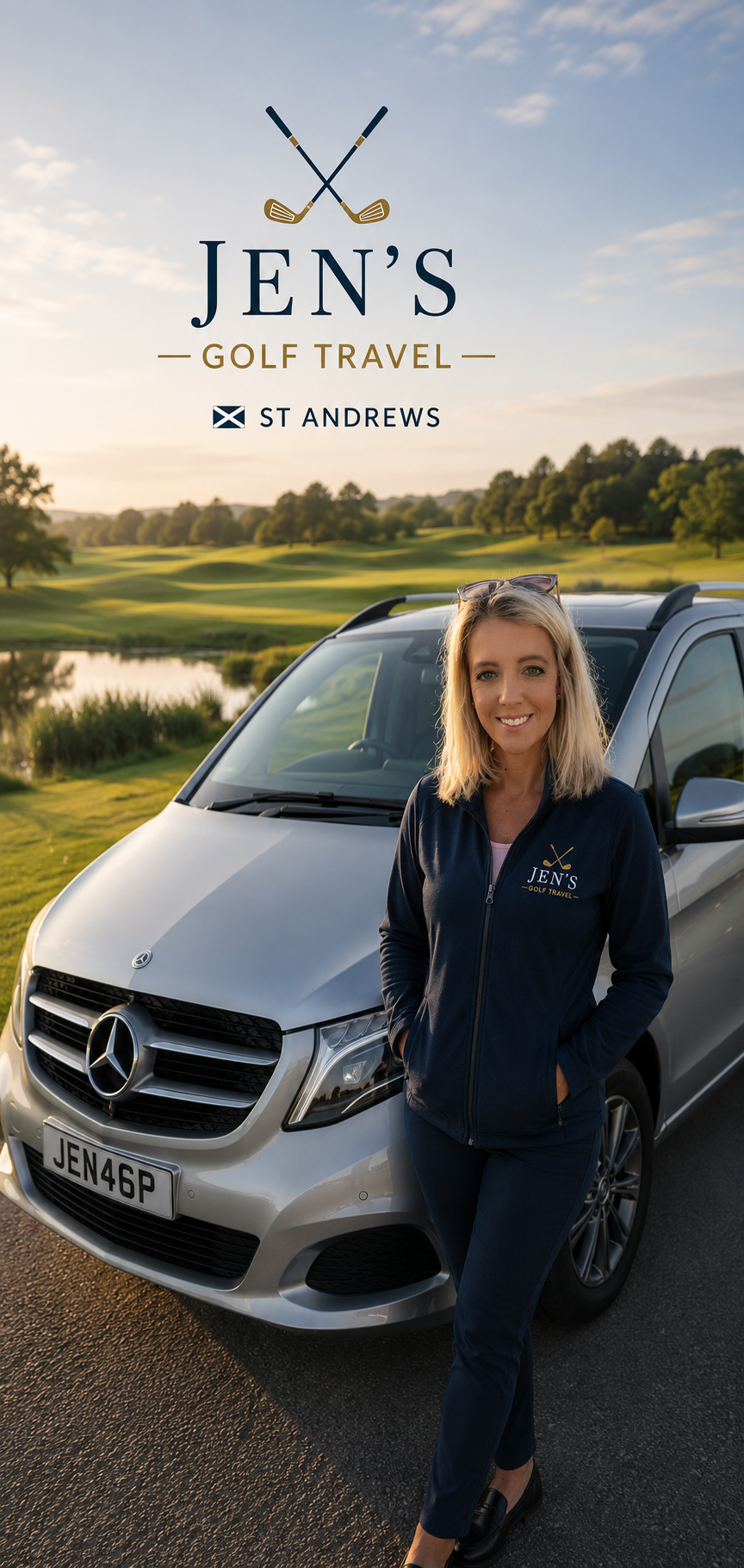 A woman standing next to a silver Mercedes-Benz van on a golf course, wearing a navy jacket with 'Jen's Golf Travel' logo, with a scenic golf course landscape in the background and the logo 'Jen's Golf Travel St. Andrews' at the top.