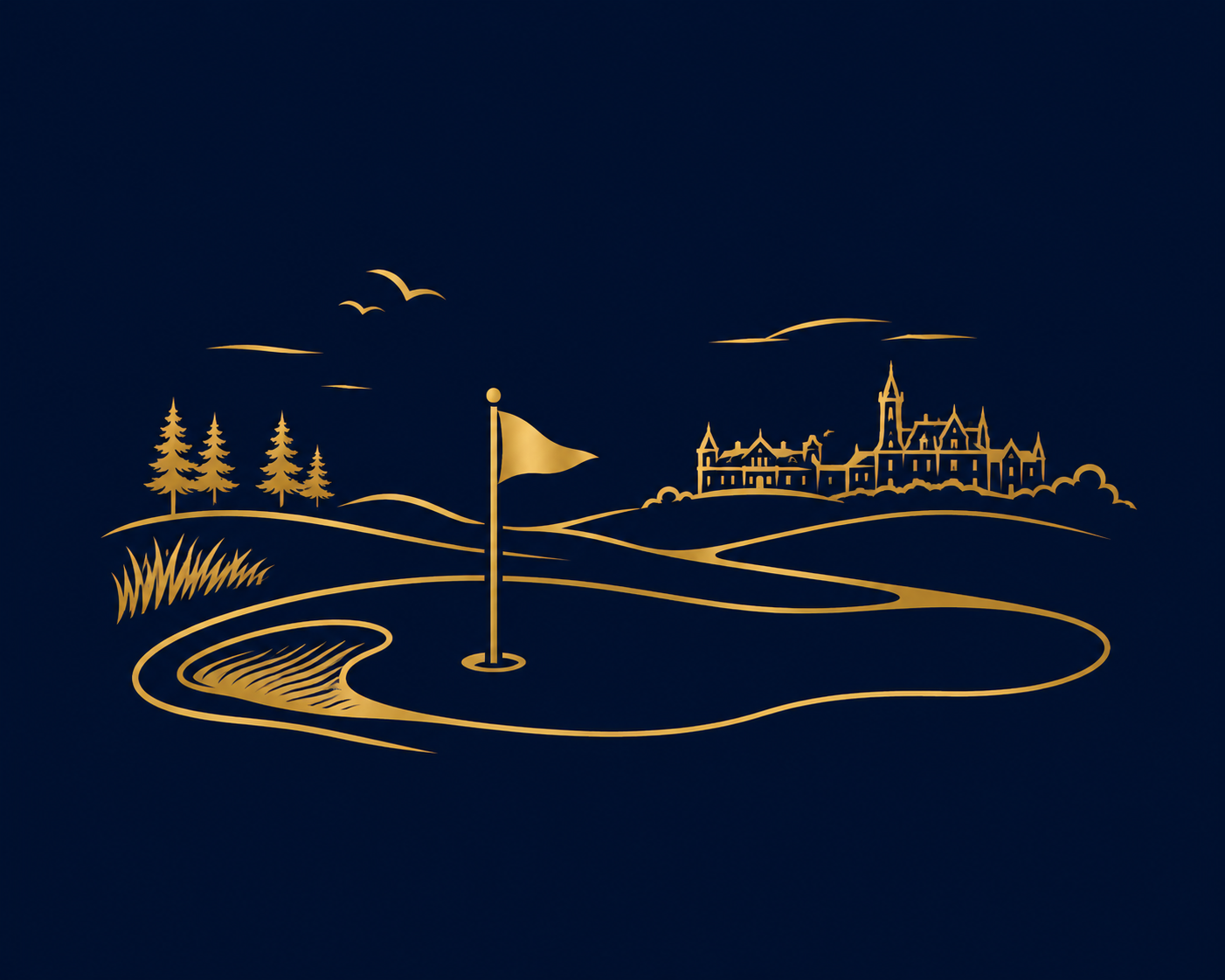 Gold outline of a golf course with trees, flag, and a winding path, with a large castle in the background and birds flying above on a navy blue background.