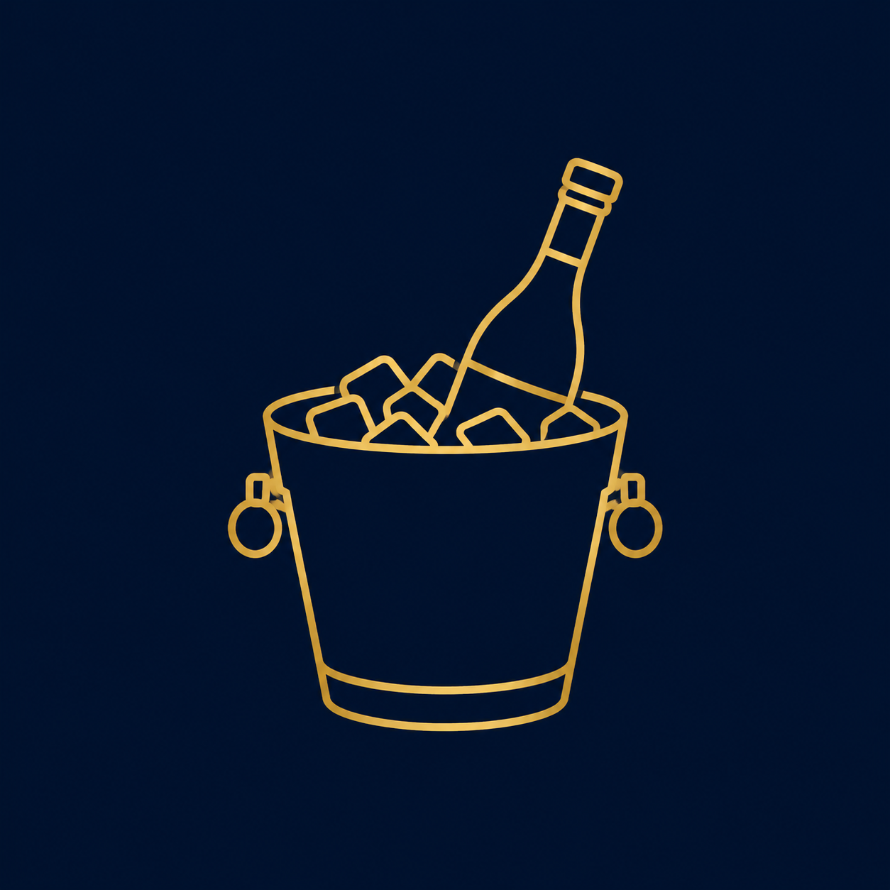 Neon sign of a bucket filled with ice cubes and a bottle, outlined in yellow against a dark background.