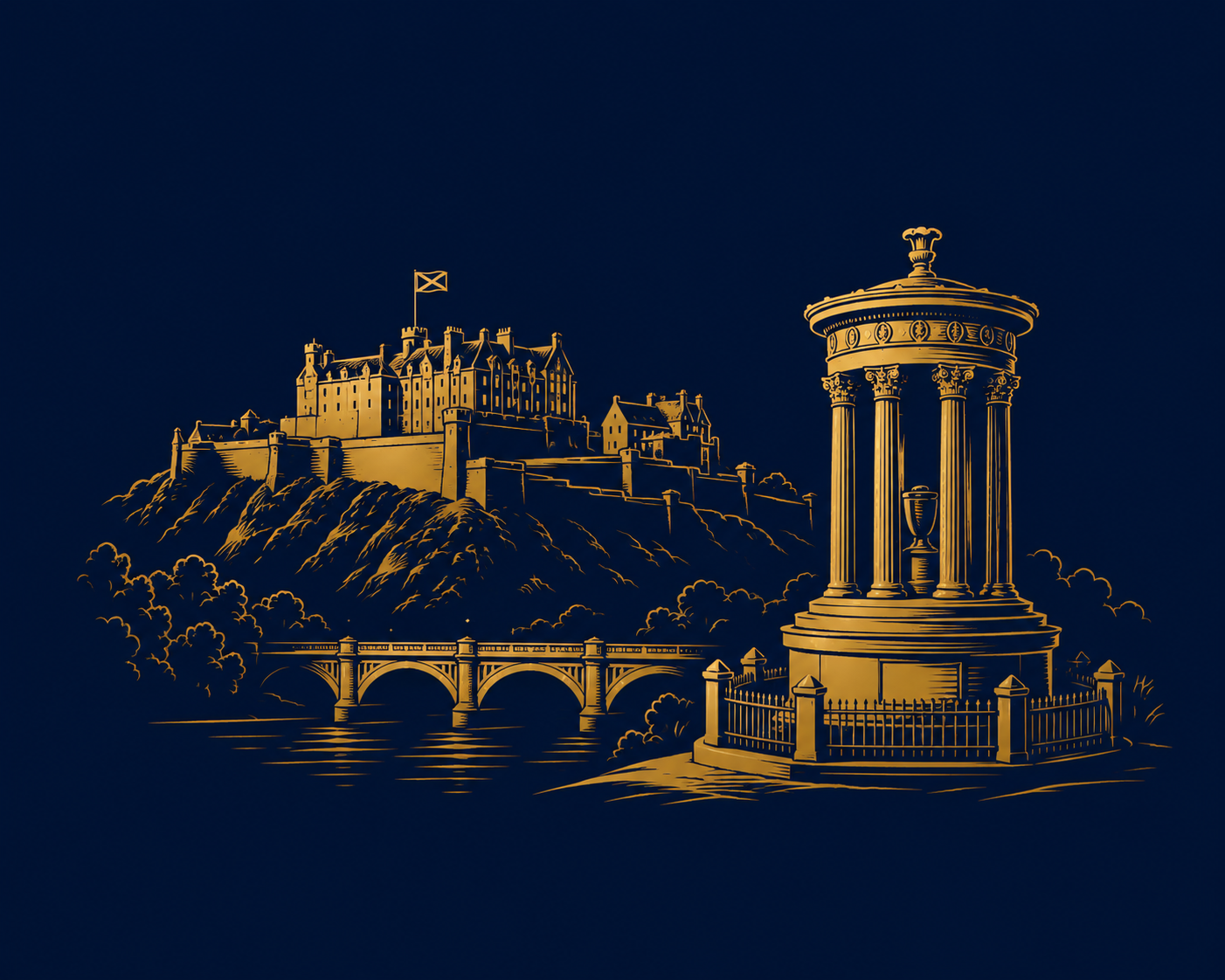 Illustration of Edinburgh Castle on a hill, with a bridge over a river in the foreground, and a classical monument with columns and a cup atop it on the right.