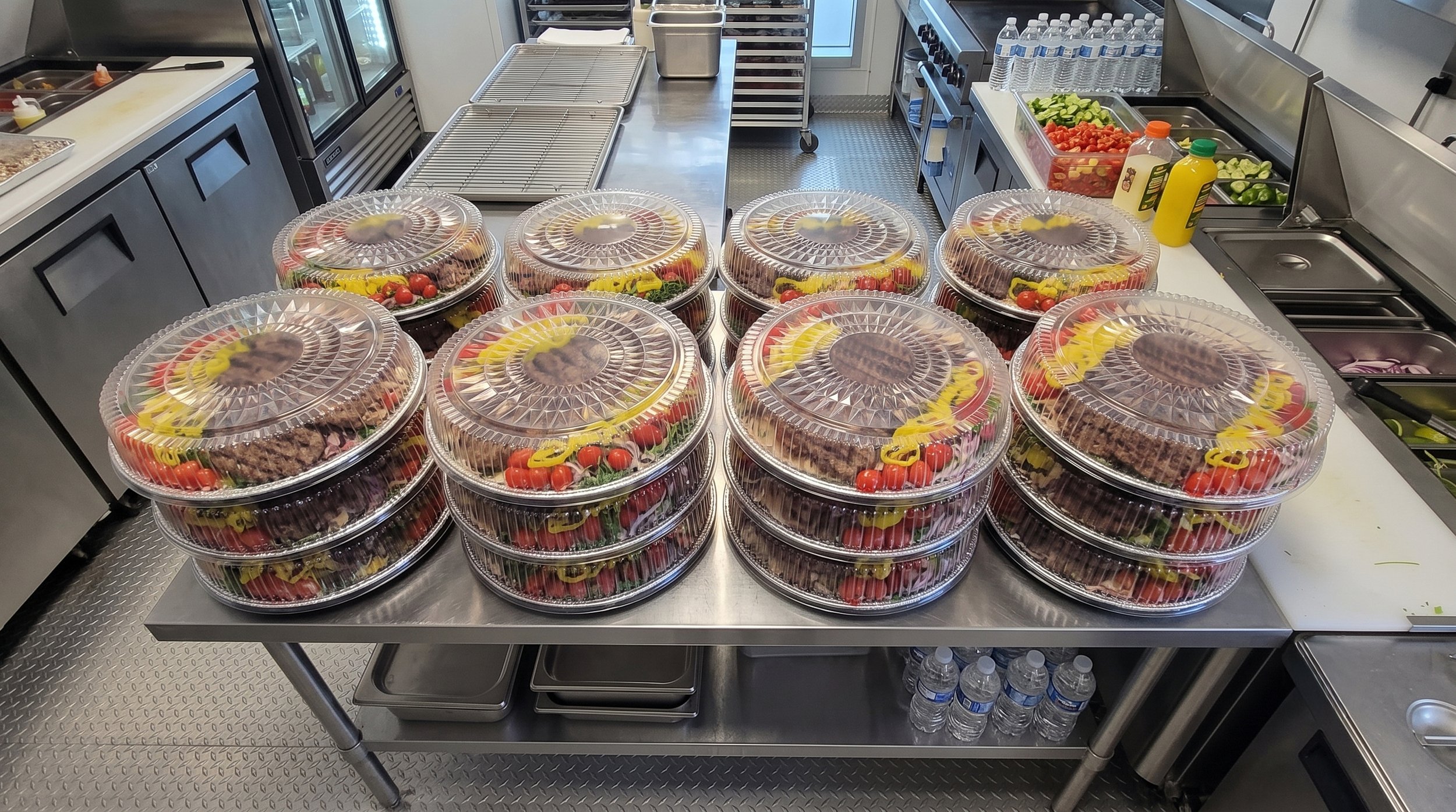 Multiple plastic containers of pre-packed salads with cherry tomatoes, cucumbers, and beef patties on a stainless steel table in a commercial kitchen.