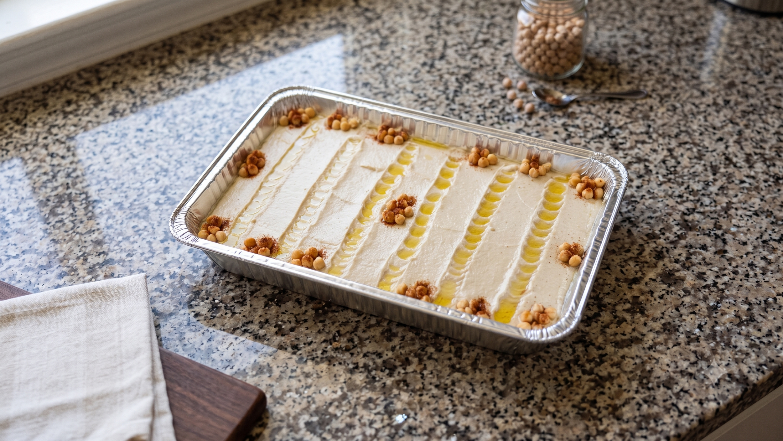 A large rectangular tray of creamy hummus garnished with chickpeas, olive oil, and spices, placed on a granite kitchen countertop.