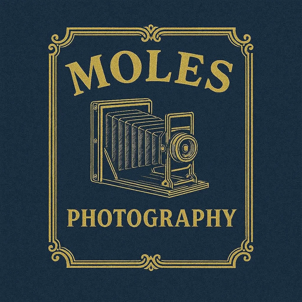 Vintage-style book cover with gold lettering and illustration of an old camera, titled "Moles Photography."