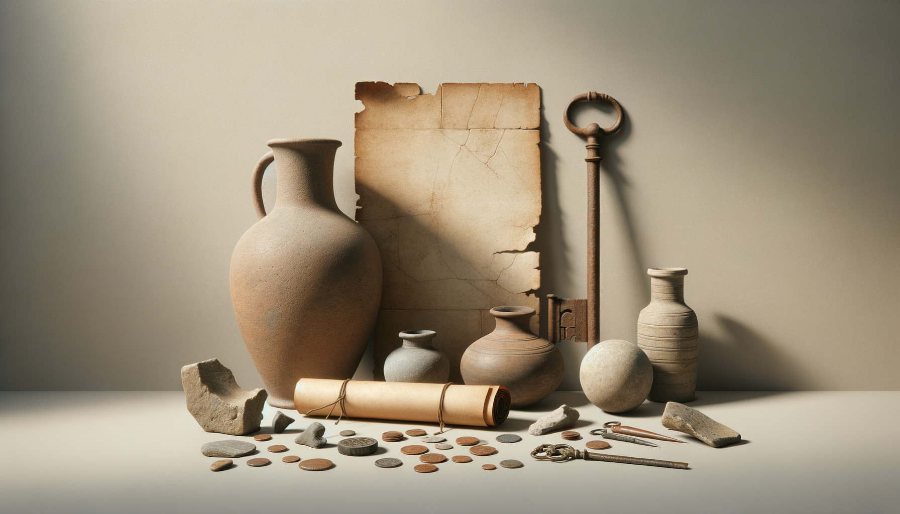 Collection of ancient pottery, stone, coins, scroll, and an big antique key on a neutral background.