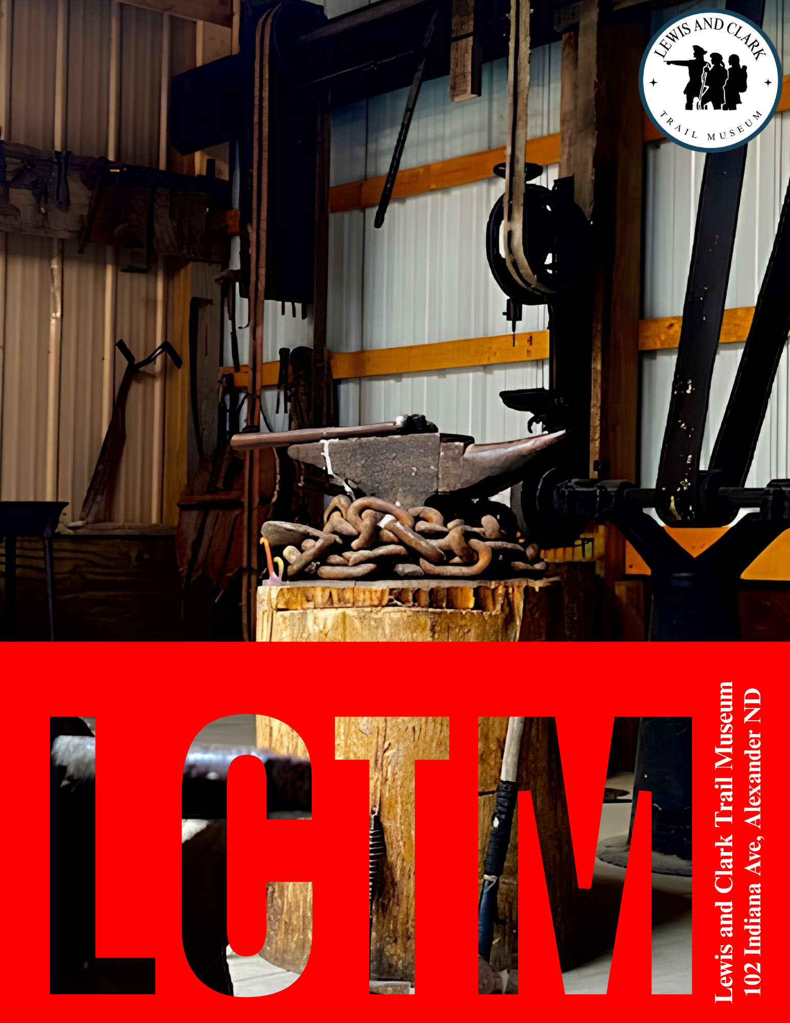 Interior of a museum exhibit featuring vintage trail equipment, including a wooden log, chains, metal tools, and hiking gear, with a sign for the Lewis and Clark Trail Museum.