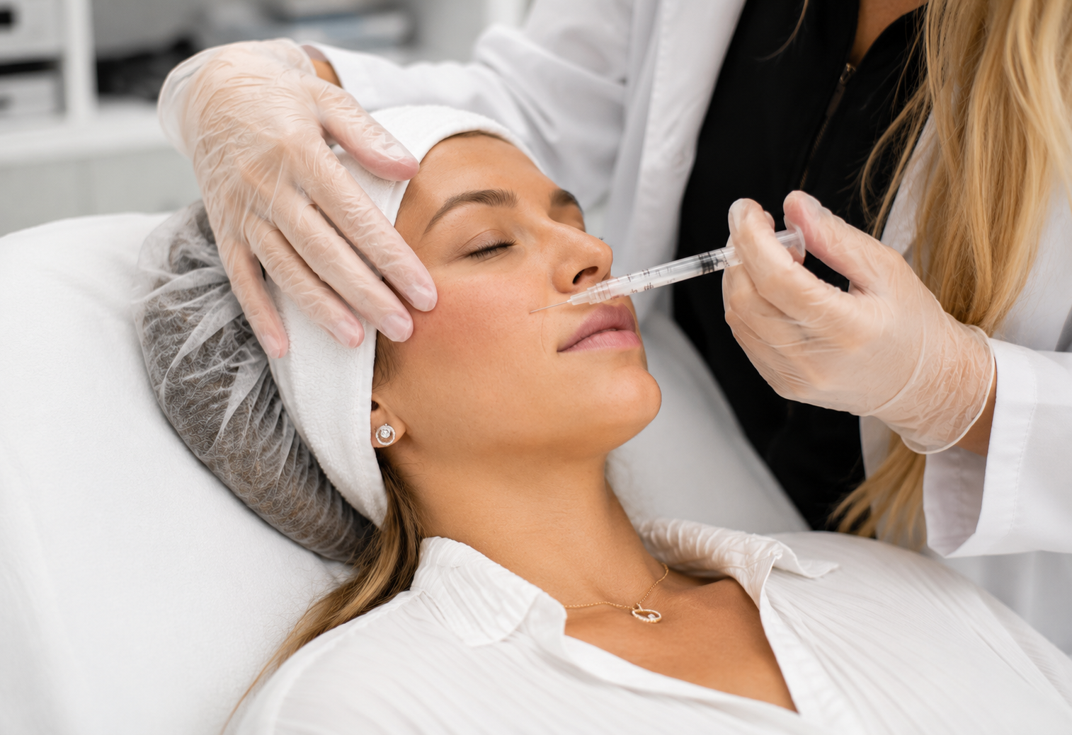 A woman receives a cosmetic facial injection from a professional wearing gloves in a clinical setting.