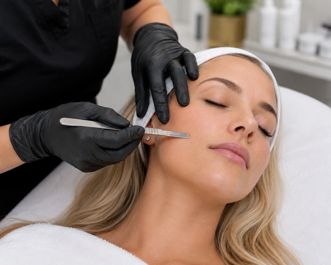 A woman with blonde hair receiving a cosmetic facial treatment with a small tool near her cheek, while lying down with her eyes closed in a spa or clinic setting.