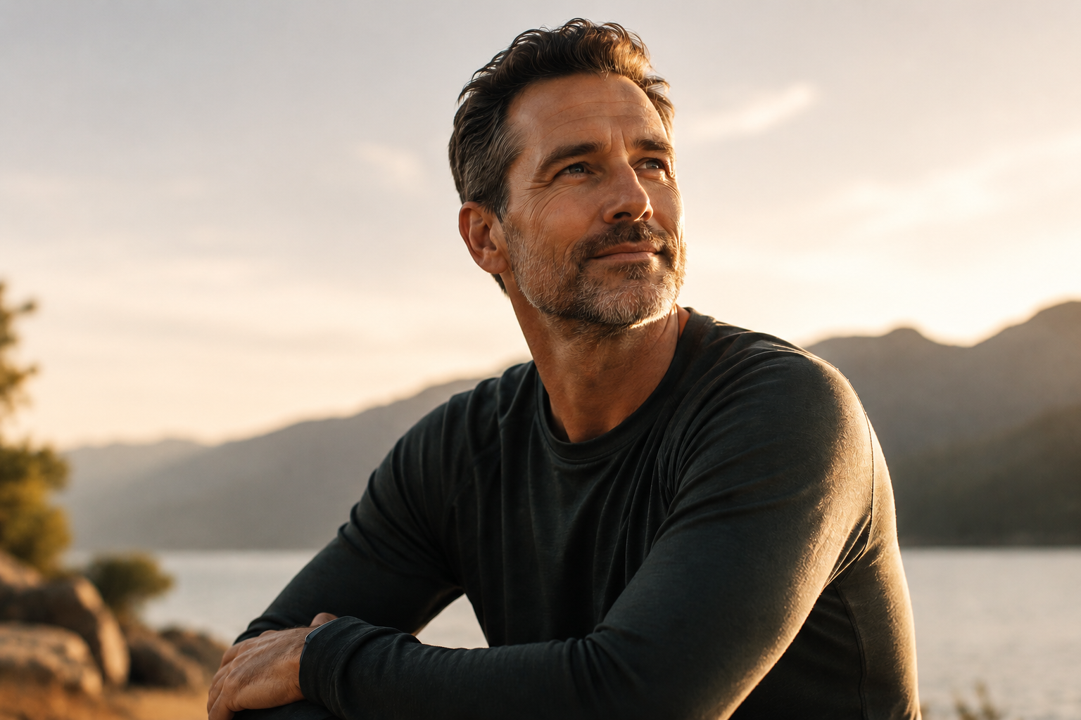 A middle-aged man with gray hair and beard looking contemplatively at sunset near a lake, mountains in the background, wearing a black long-sleeve shirt.