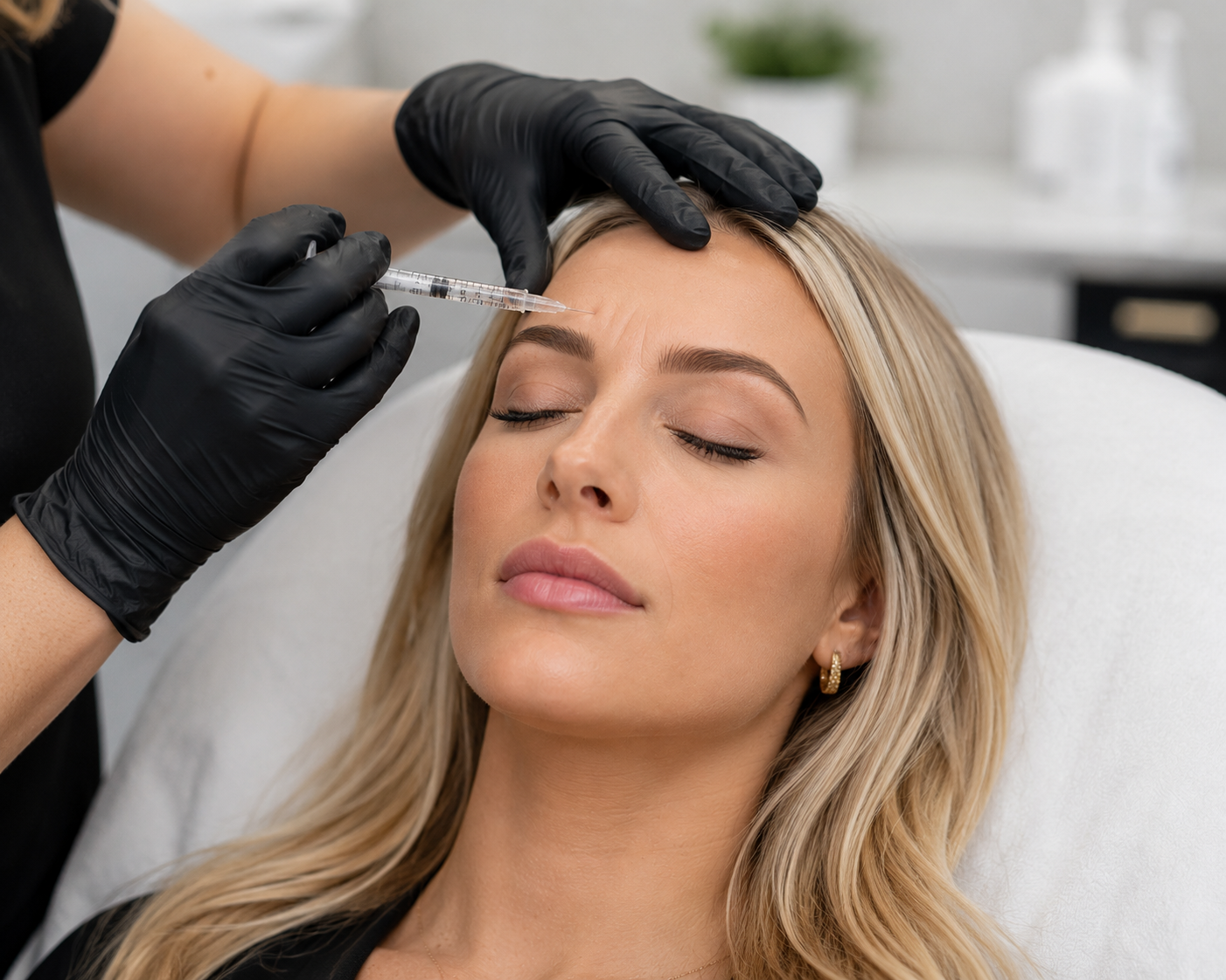 A woman receiving a cosmetic injection in her forehead, lying on a treatment bed in a clinic with a professional in black gloves administering the injection.