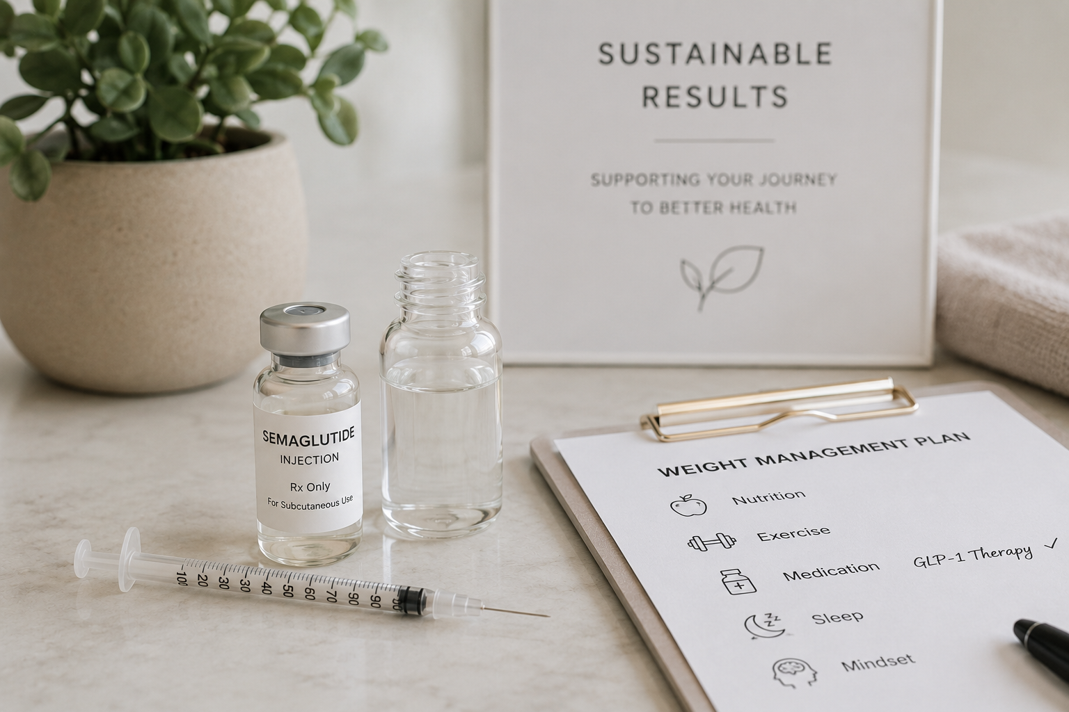 A medical setup with a small potted plant, a white box with 'Sustainable Results' written on it, a glass vial labeled 'Semaglutide Injection', a syringe, an open glass bottle of water, a clipboard with a weight management plan, and a gray towel.