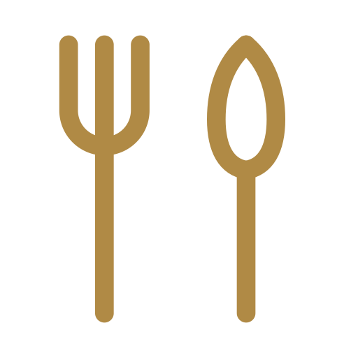 Simplified icons of a fork and a knife in gold color on a black background.